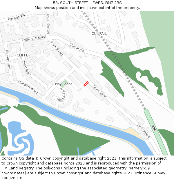 58, SOUTH STREET, LEWES, BN7 2BS: Location map and indicative extent of plot