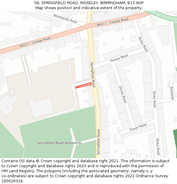 58, SPRINGFIELD ROAD, MOSELEY, BIRMINGHAM, B13 9NP: Location map and indicative extent of plot