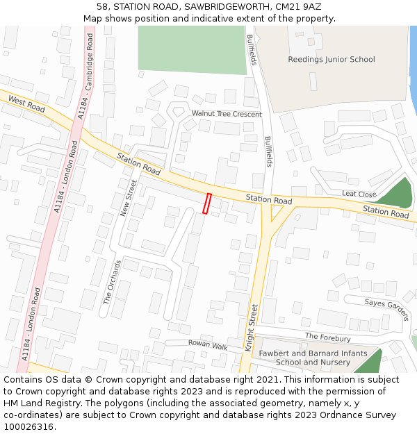 58, STATION ROAD, SAWBRIDGEWORTH, CM21 9AZ: Location map and indicative extent of plot