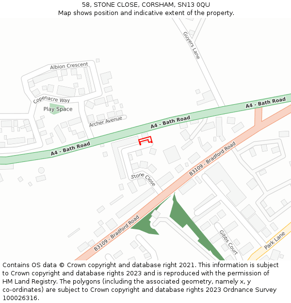 58, STONE CLOSE, CORSHAM, SN13 0QU: Location map and indicative extent of plot