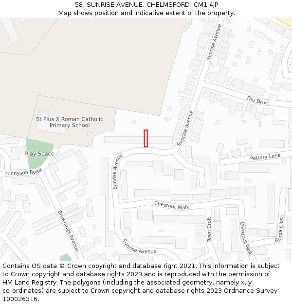 58, SUNRISE AVENUE, CHELMSFORD, CM1 4JP: Location map and indicative extent of plot