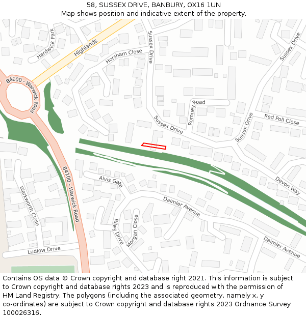 58, SUSSEX DRIVE, BANBURY, OX16 1UN: Location map and indicative extent of plot