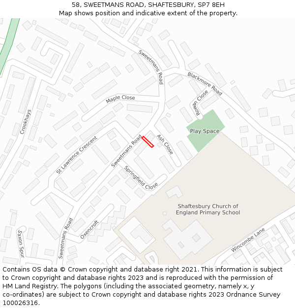 58, SWEETMANS ROAD, SHAFTESBURY, SP7 8EH: Location map and indicative extent of plot