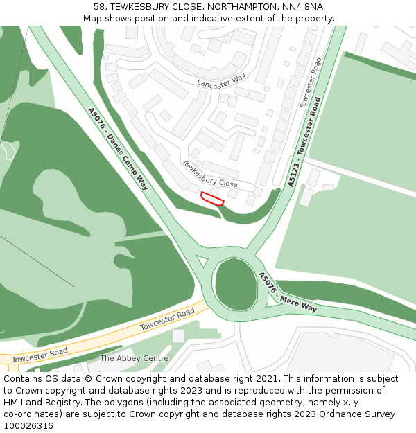 58, TEWKESBURY CLOSE, NORTHAMPTON, NN4 8NA: Location map and indicative extent of plot