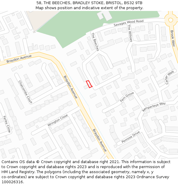 58, THE BEECHES, BRADLEY STOKE, BRISTOL, BS32 9TB: Location map and indicative extent of plot