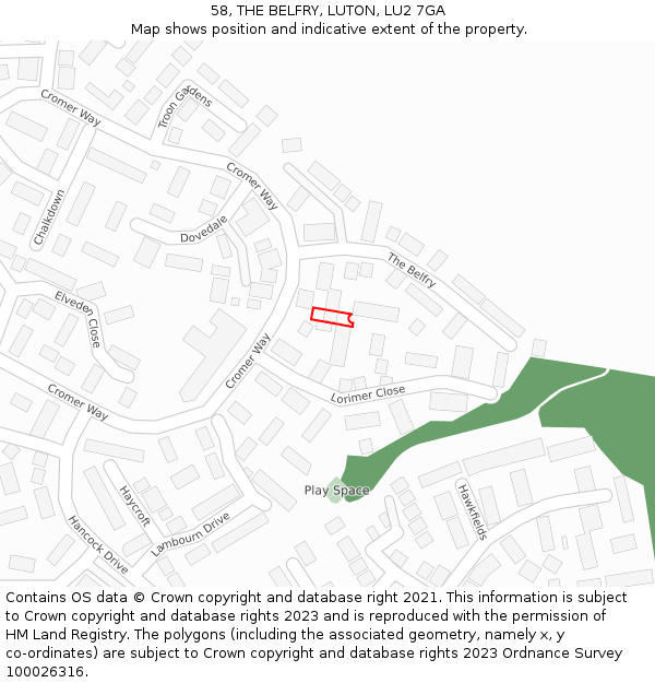 58, THE BELFRY, LUTON, LU2 7GA: Location map and indicative extent of plot