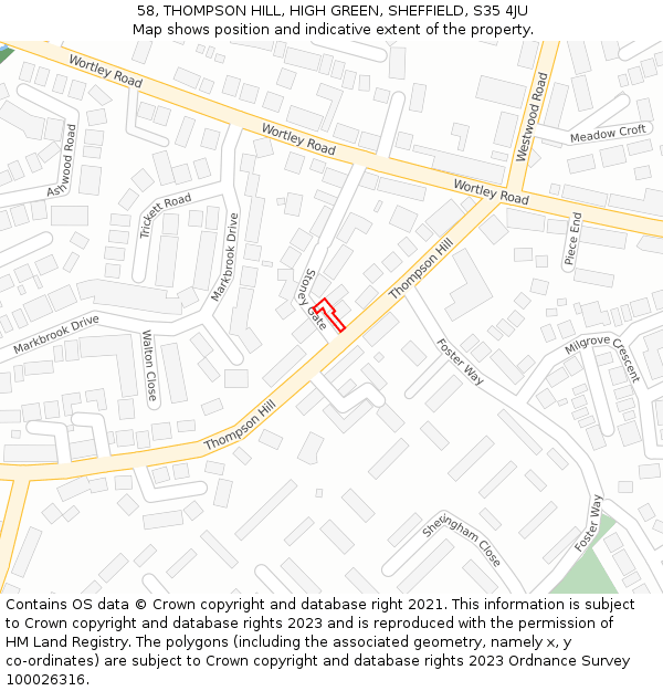 58, THOMPSON HILL, HIGH GREEN, SHEFFIELD, S35 4JU: Location map and indicative extent of plot