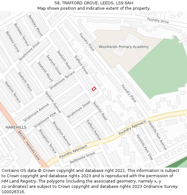 58, TRAFFORD GROVE, LEEDS, LS9 6AH: Location map and indicative extent of plot