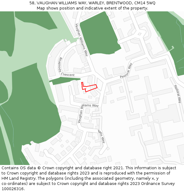58, VAUGHAN WILLIAMS WAY, WARLEY, BRENTWOOD, CM14 5WQ: Location map and indicative extent of plot