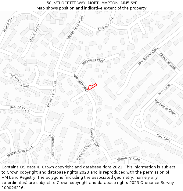 58, VELOCETTE WAY, NORTHAMPTON, NN5 6YF: Location map and indicative extent of plot