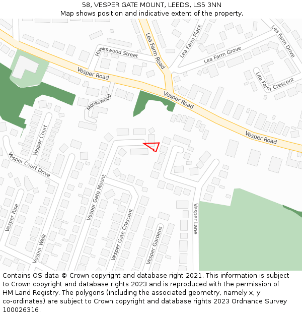 58, VESPER GATE MOUNT, LEEDS, LS5 3NN: Location map and indicative extent of plot
