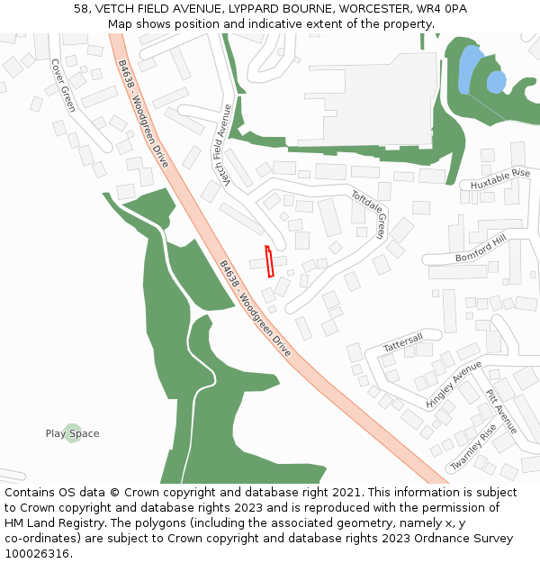 58, VETCH FIELD AVENUE, LYPPARD BOURNE, WORCESTER, WR4 0PA: Location map and indicative extent of plot
