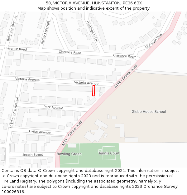 58, VICTORIA AVENUE, HUNSTANTON, PE36 6BX: Location map and indicative extent of plot