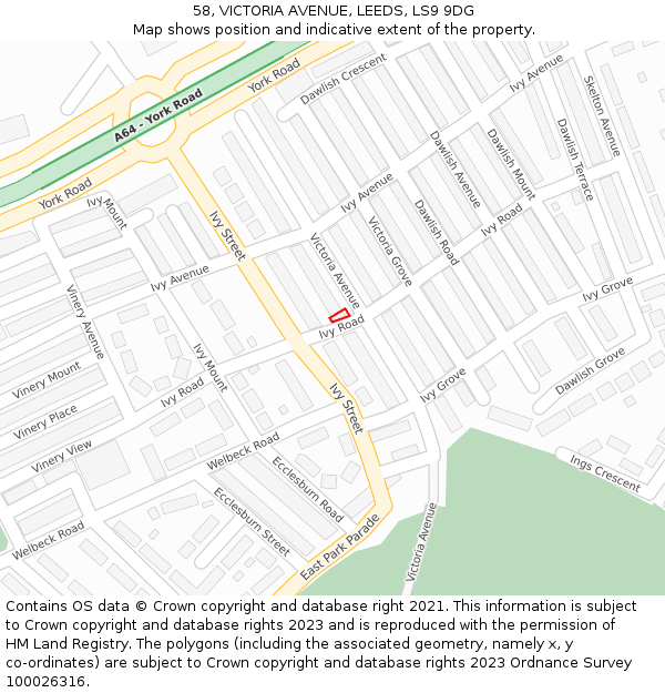 58, VICTORIA AVENUE, LEEDS, LS9 9DG: Location map and indicative extent of plot