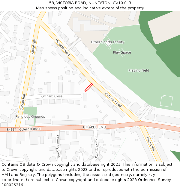 58, VICTORIA ROAD, NUNEATON, CV10 0LR: Location map and indicative extent of plot