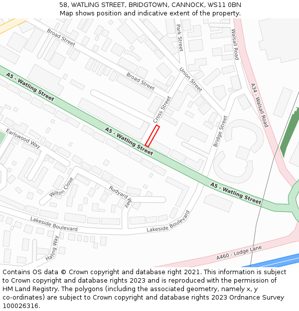 58, WATLING STREET, BRIDGTOWN, CANNOCK, WS11 0BN: Location map and indicative extent of plot
