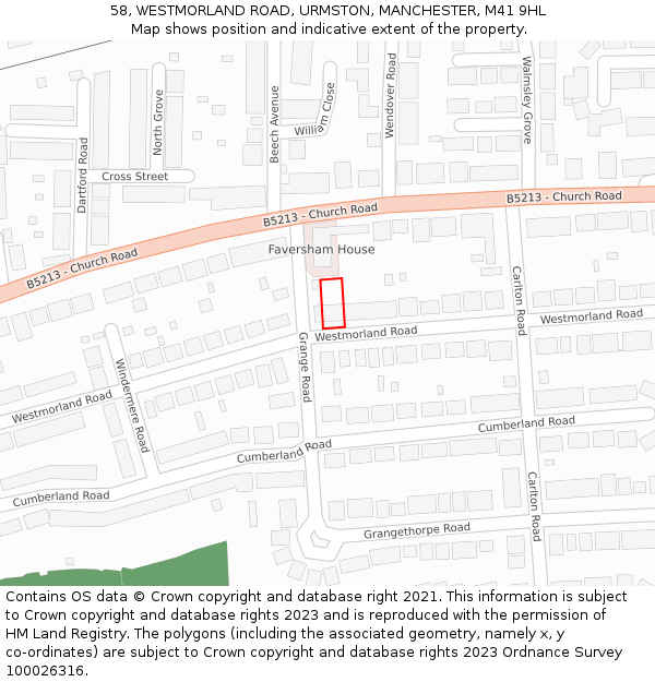 58, WESTMORLAND ROAD, URMSTON, MANCHESTER, M41 9HL: Location map and indicative extent of plot