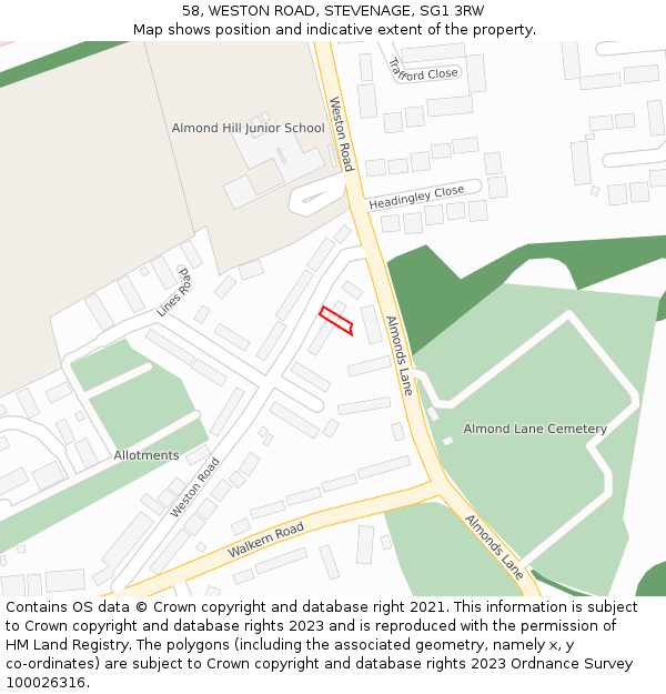 58, WESTON ROAD, STEVENAGE, SG1 3RW: Location map and indicative extent of plot