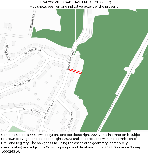 58, WEYCOMBE ROAD, HASLEMERE, GU27 1EQ: Location map and indicative extent of plot