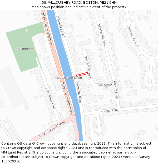 58, WILLOUGHBY ROAD, BOSTON, PE21 9HN: Location map and indicative extent of plot