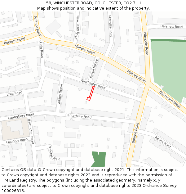 58, WINCHESTER ROAD, COLCHESTER, CO2 7LH: Location map and indicative extent of plot