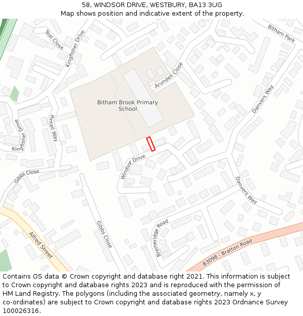 58, WINDSOR DRIVE, WESTBURY, BA13 3UG: Location map and indicative extent of plot