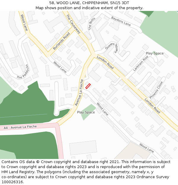 58, WOOD LANE, CHIPPENHAM, SN15 3DT: Location map and indicative extent of plot