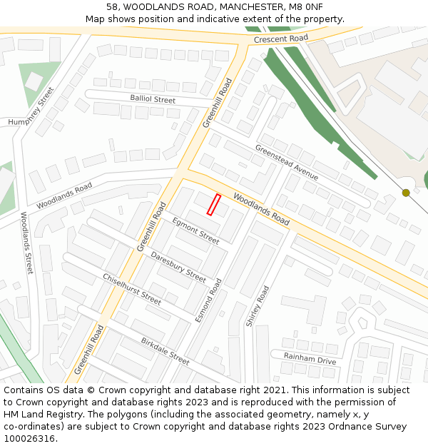58, WOODLANDS ROAD, MANCHESTER, M8 0NF: Location map and indicative extent of plot