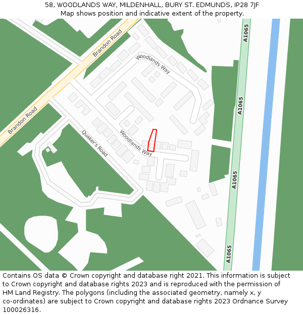 58, WOODLANDS WAY, MILDENHALL, BURY ST. EDMUNDS, IP28 7JF: Location map and indicative extent of plot