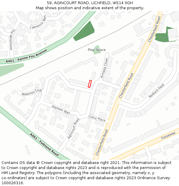 59, AGINCOURT ROAD, LICHFIELD, WS14 0GH: Location map and indicative extent of plot