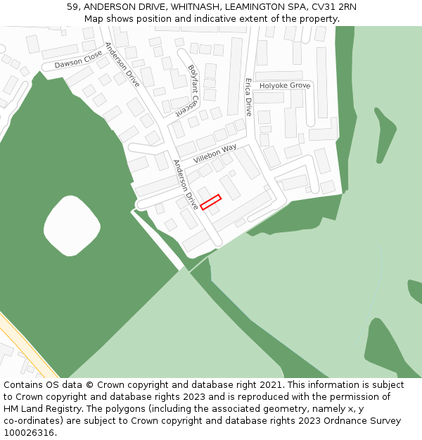59, ANDERSON DRIVE, WHITNASH, LEAMINGTON SPA, CV31 2RN: Location map and indicative extent of plot
