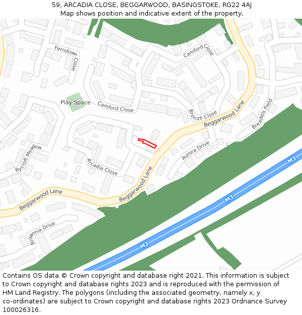 59, ARCADIA CLOSE, BEGGARWOOD, BASINGSTOKE, RG22 4AJ: Location map and indicative extent of plot