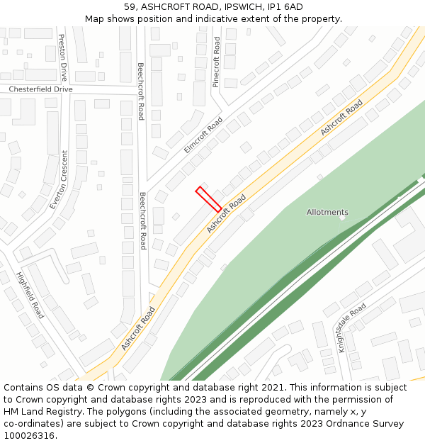 59, ASHCROFT ROAD, IPSWICH, IP1 6AD: Location map and indicative extent of plot