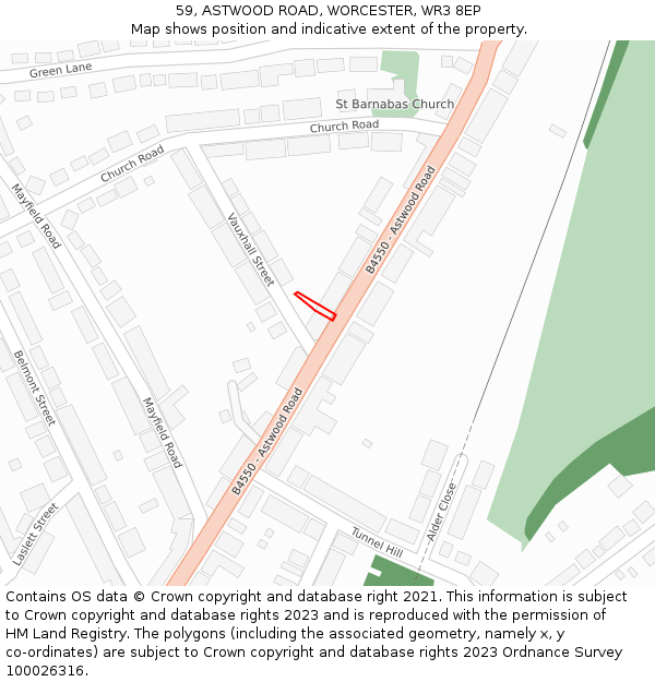 59, ASTWOOD ROAD, WORCESTER, WR3 8EP: Location map and indicative extent of plot