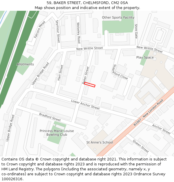59, BAKER STREET, CHELMSFORD, CM2 0SA: Location map and indicative extent of plot
