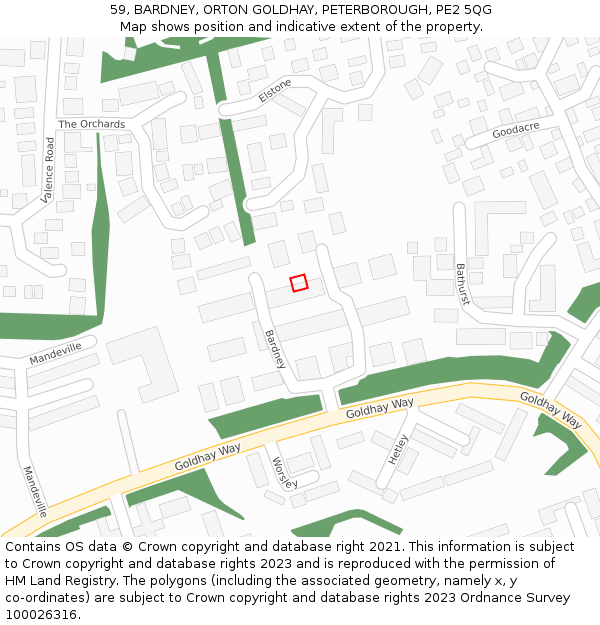 59, BARDNEY, ORTON GOLDHAY, PETERBOROUGH, PE2 5QG: Location map and indicative extent of plot