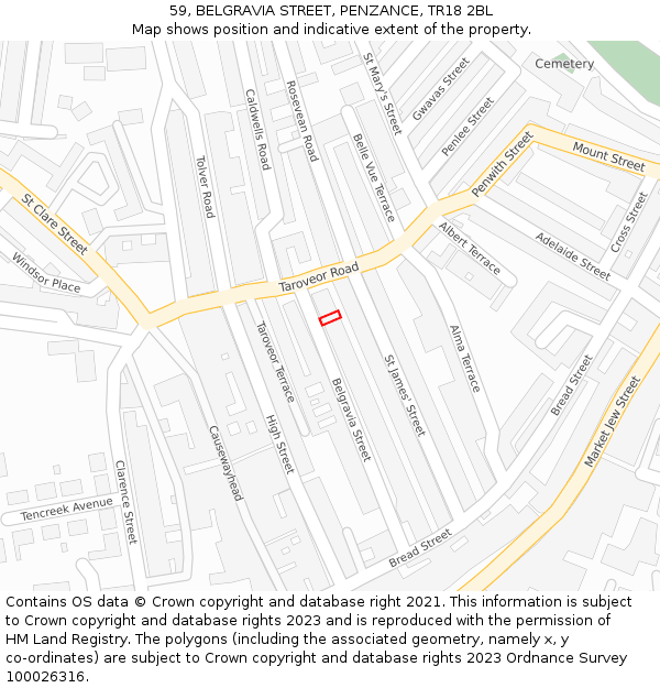 59, BELGRAVIA STREET, PENZANCE, TR18 2BL: Location map and indicative extent of plot