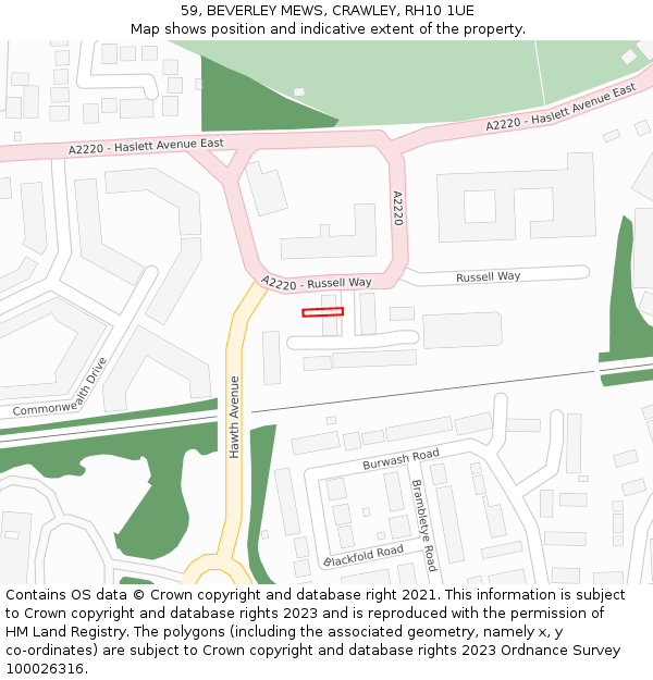 59, BEVERLEY MEWS, CRAWLEY, RH10 1UE: Location map and indicative extent of plot