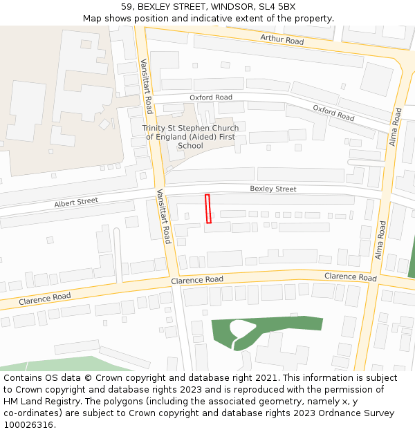 59, BEXLEY STREET, WINDSOR, SL4 5BX: Location map and indicative extent of plot