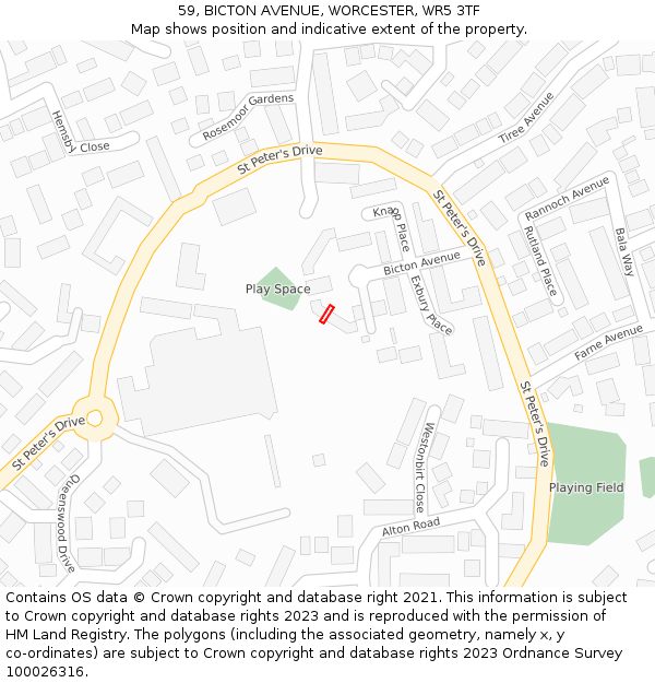 59, BICTON AVENUE, WORCESTER, WR5 3TF: Location map and indicative extent of plot