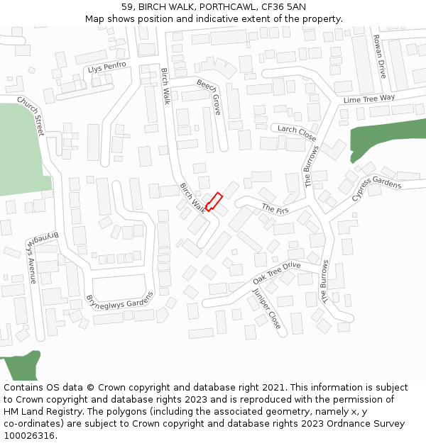 59, BIRCH WALK, PORTHCAWL, CF36 5AN: Location map and indicative extent of plot