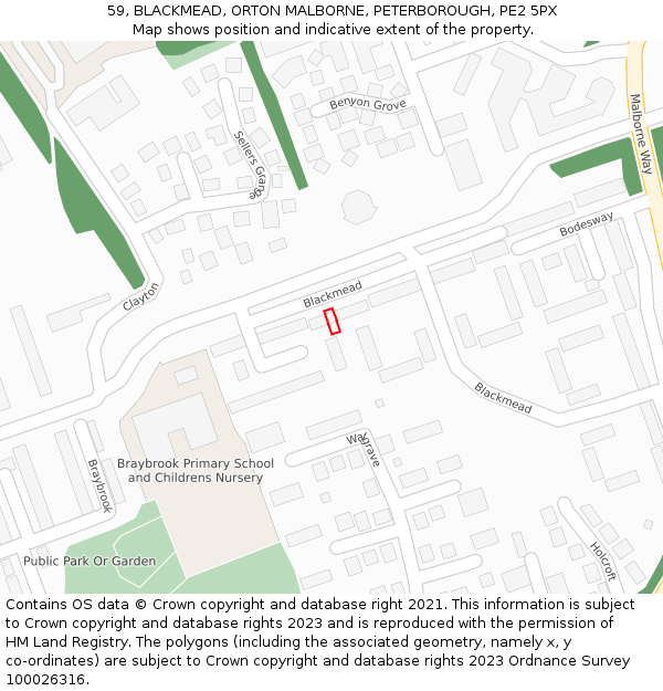 59, BLACKMEAD, ORTON MALBORNE, PETERBOROUGH, PE2 5PX: Location map and indicative extent of plot