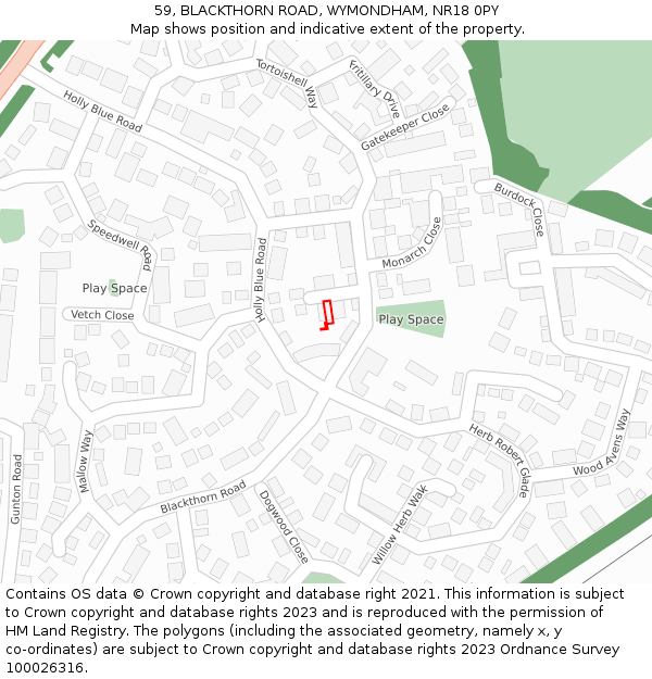 59, BLACKTHORN ROAD, WYMONDHAM, NR18 0PY: Location map and indicative extent of plot