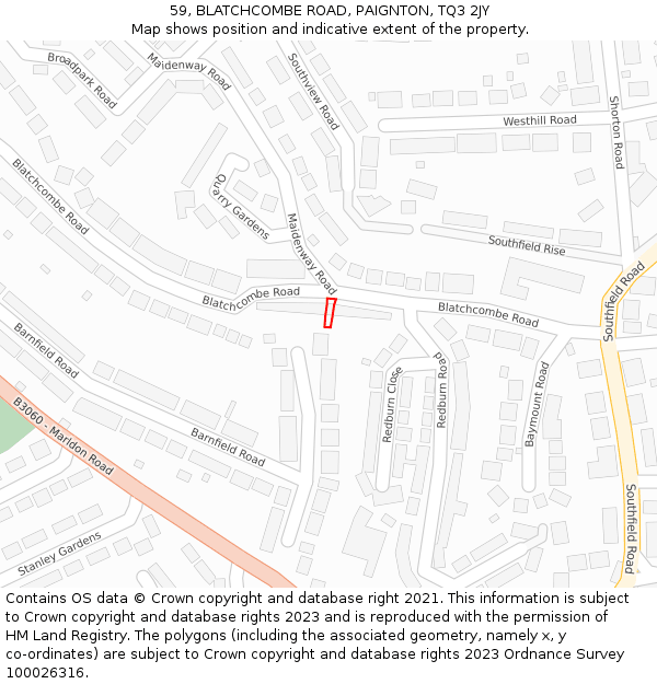 59, BLATCHCOMBE ROAD, PAIGNTON, TQ3 2JY: Location map and indicative extent of plot