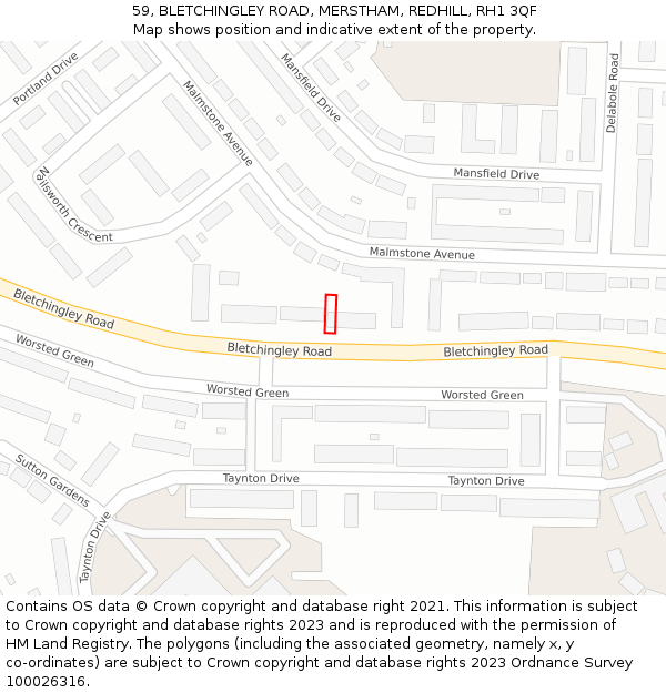 59, BLETCHINGLEY ROAD, MERSTHAM, REDHILL, RH1 3QF: Location map and indicative extent of plot