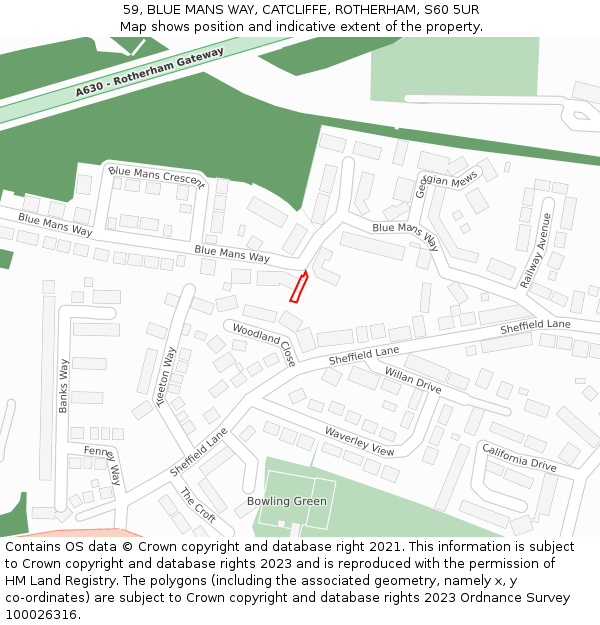 59, BLUE MANS WAY, CATCLIFFE, ROTHERHAM, S60 5UR: Location map and indicative extent of plot