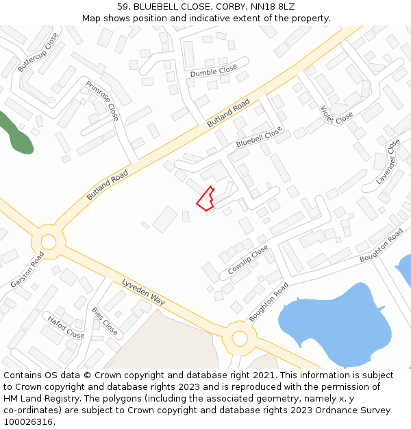 59, BLUEBELL CLOSE, CORBY, NN18 8LZ: Location map and indicative extent of plot