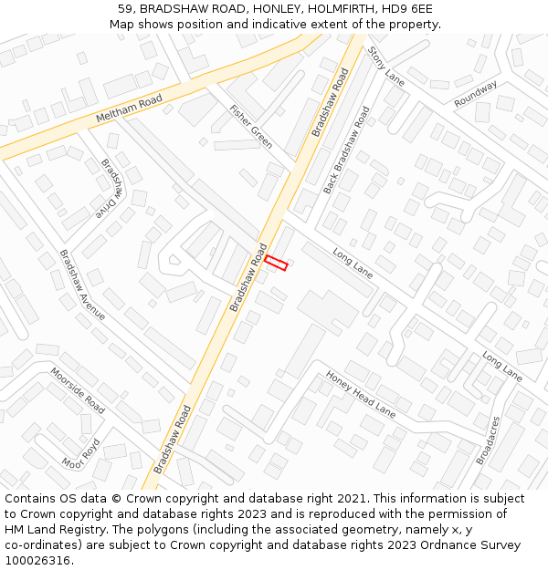 59, BRADSHAW ROAD, HONLEY, HOLMFIRTH, HD9 6EE: Location map and indicative extent of plot