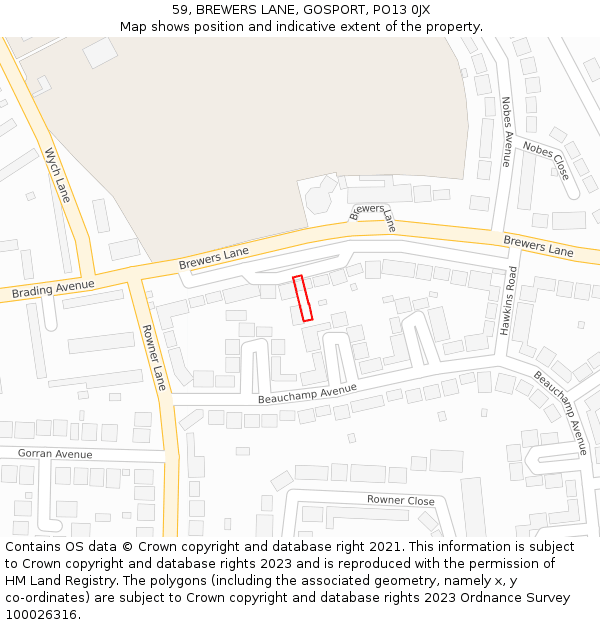 59, BREWERS LANE, GOSPORT, PO13 0JX: Location map and indicative extent of plot