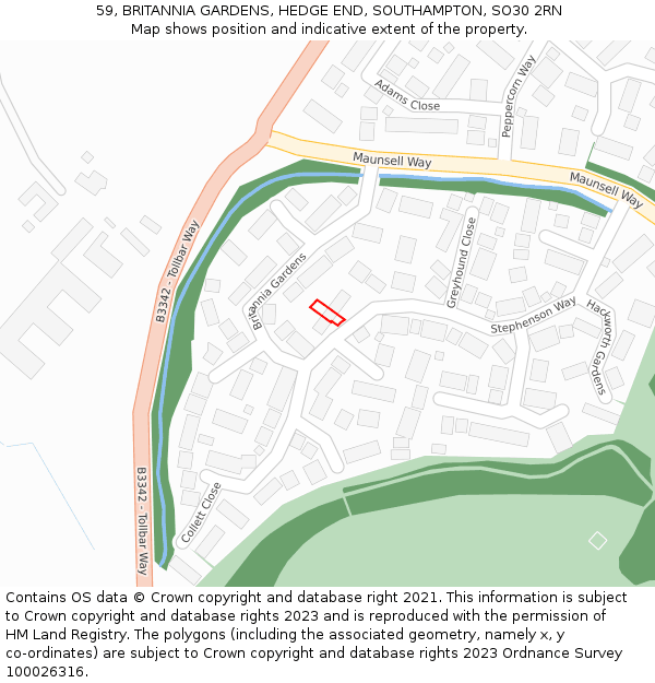59, BRITANNIA GARDENS, HEDGE END, SOUTHAMPTON, SO30 2RN: Location map and indicative extent of plot